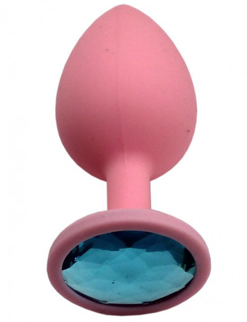 Розовая анальная пробка с голубым кристаллом - 8,4 см.