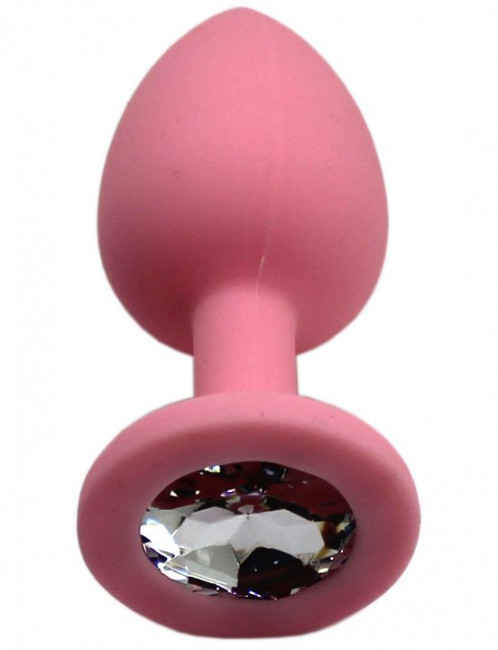 Розовая анальная пробка с прозрачным кристаллом - 7,4 см.