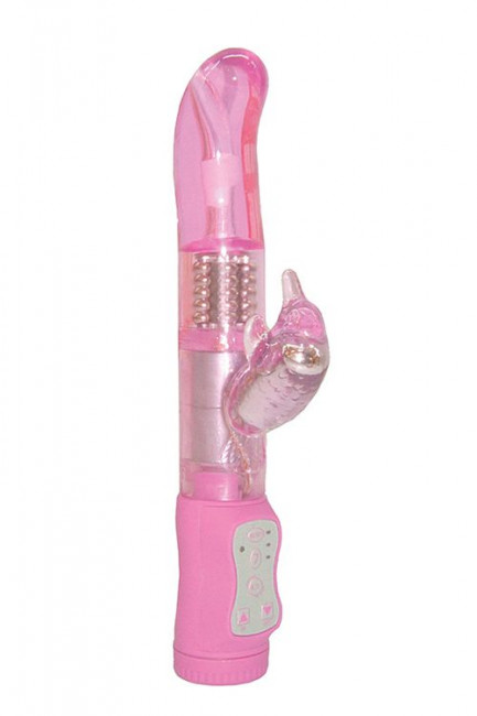 Розовый вибромассажер с клиторальным отростком SLIM HUMMING BIRD G-SPOT VIBE - 25 см.